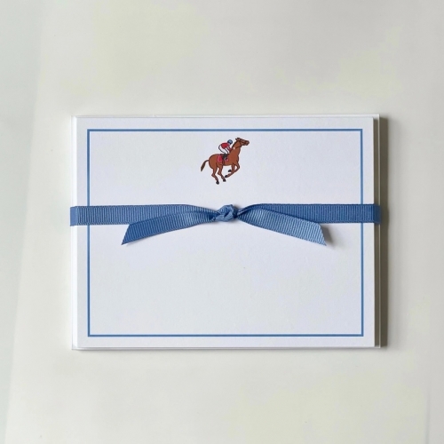 Horse and Jockey Flat Note Cards Set of 10 flat note cards and envelopes.  
5.5 x 4.25\.
Tied with coordinating ribbon and packaged in clear bag.
Ultra white paper stock
Made in United States


